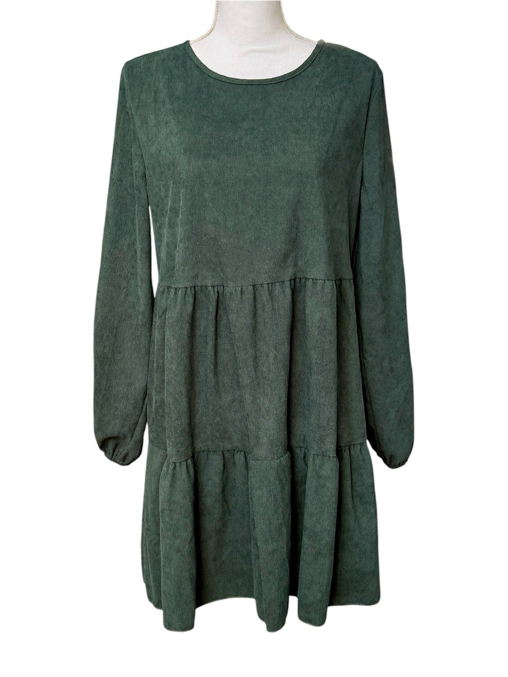 Dark Green Long Sleeve Tiered Corduroy Mini Dress Size 6 / Medium EUC